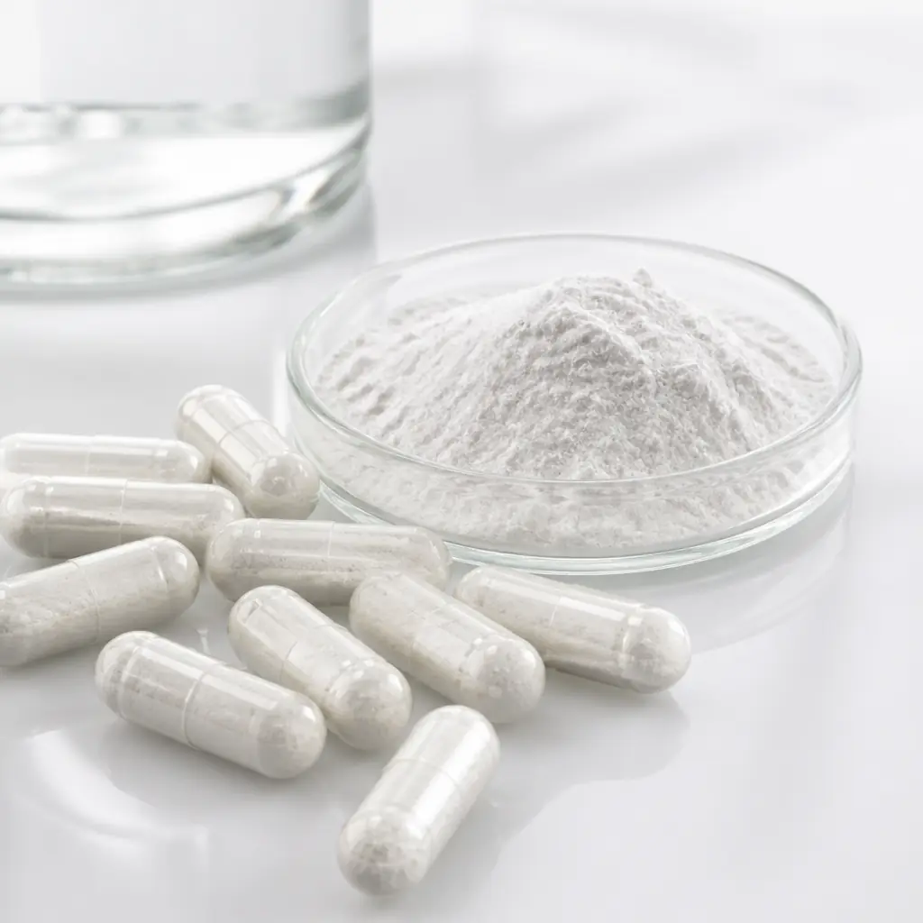 Clear compounded capsules and pure ingredient jars on a clean workspace