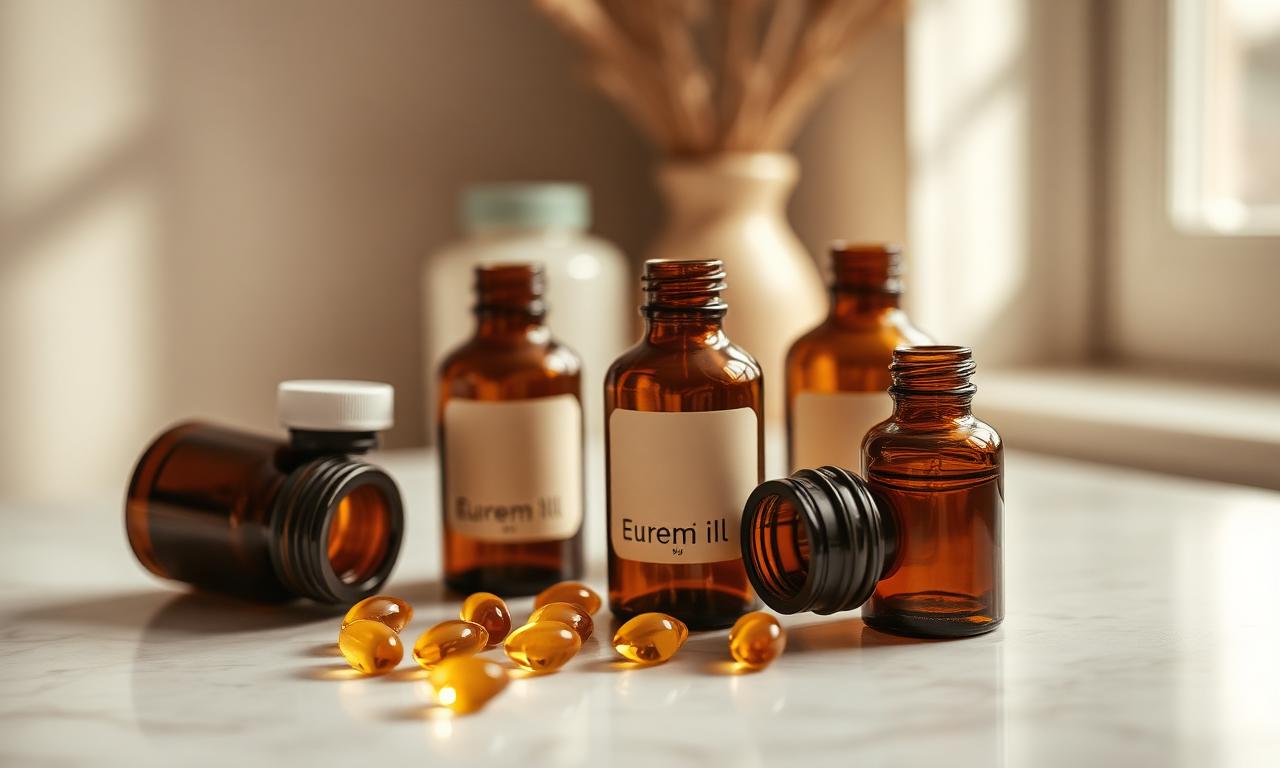 Amber apothecary bottles and golden capsules on a marble counter