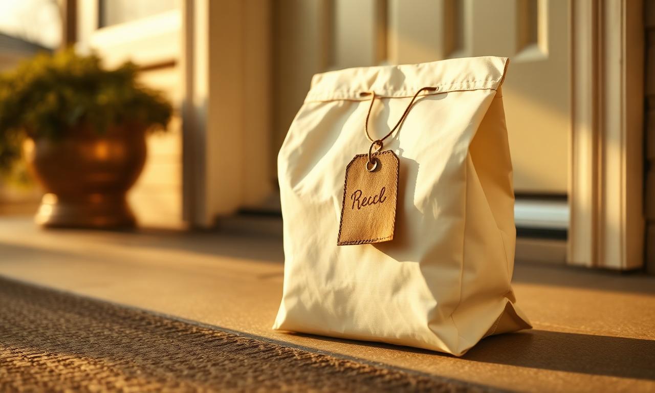 Cream prescription bag with wax-sealed tag on a sunlit doorstep