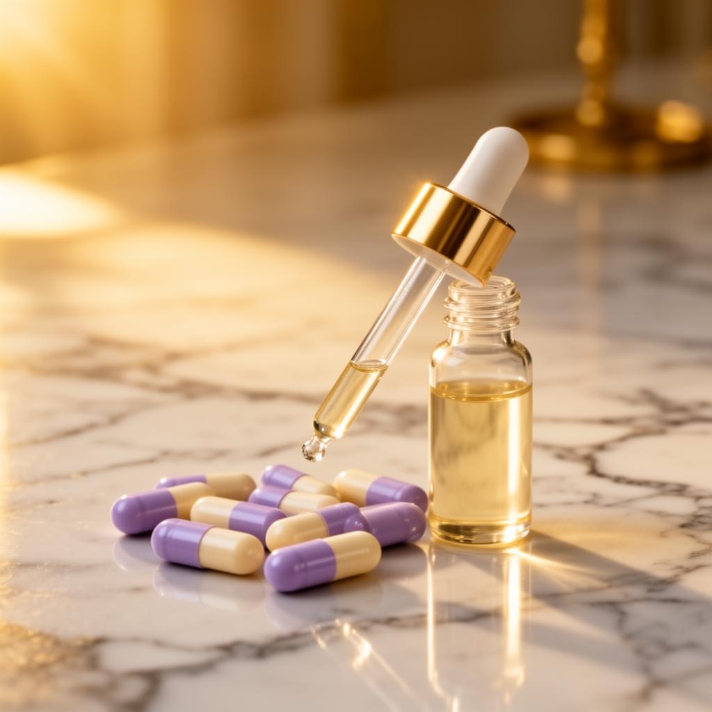 Elegant lavender and cream capsules with a glass dropper bottle in soft golden light