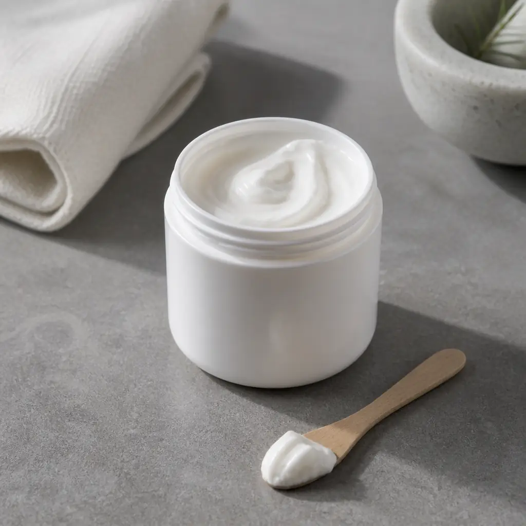 Compounded pain cream jar and pharmacy ingredients on a marble counter