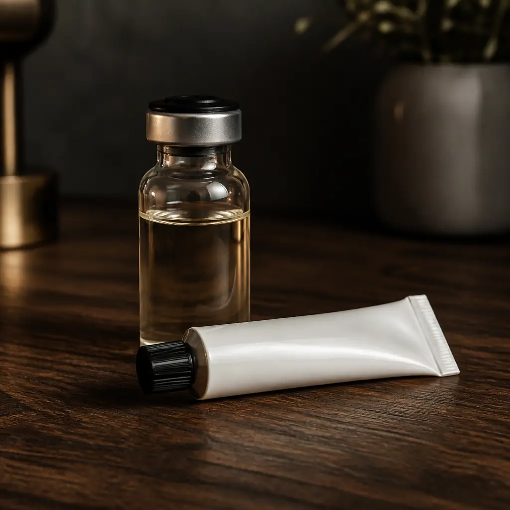 Compounded testosterone cream and injection vial on a clean apothecary counter