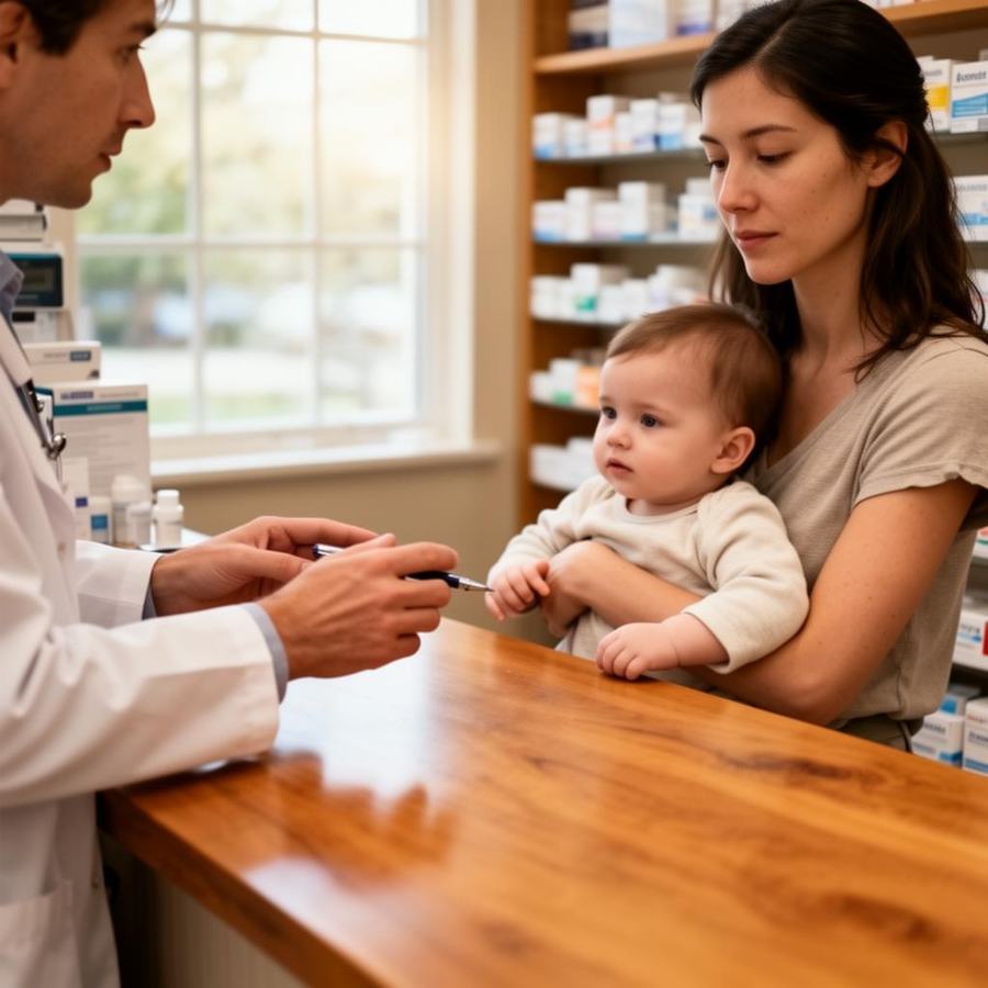 Denver compounding pharmacist consulting with a young mother and her baby at the RxByDesign counter