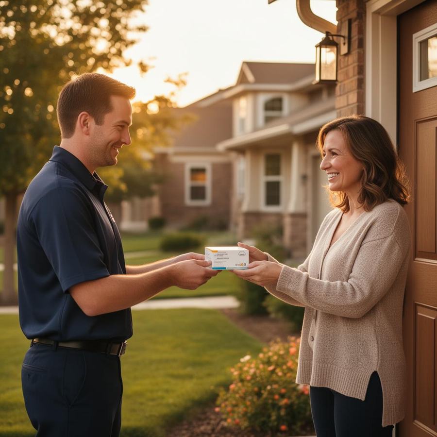 RxByDesign delivery driver handing a prescription package to a smiling Denver-area patient at her front door