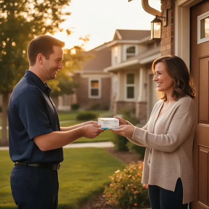 RxByDesign delivery driver handing a prescription package to a smiling Denver-area patient at her front door
