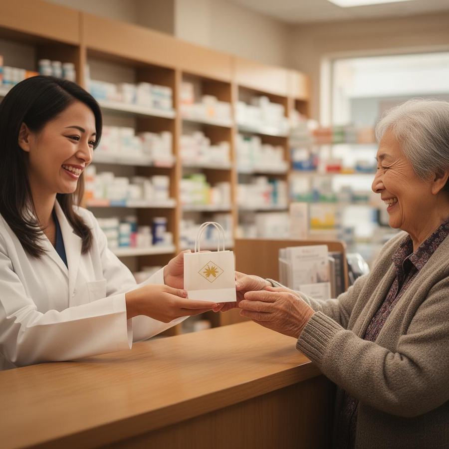Friendly Denver pharmacist handing a prescription bag to a happy senior patient at RxByDesign Compounding Pharmacy