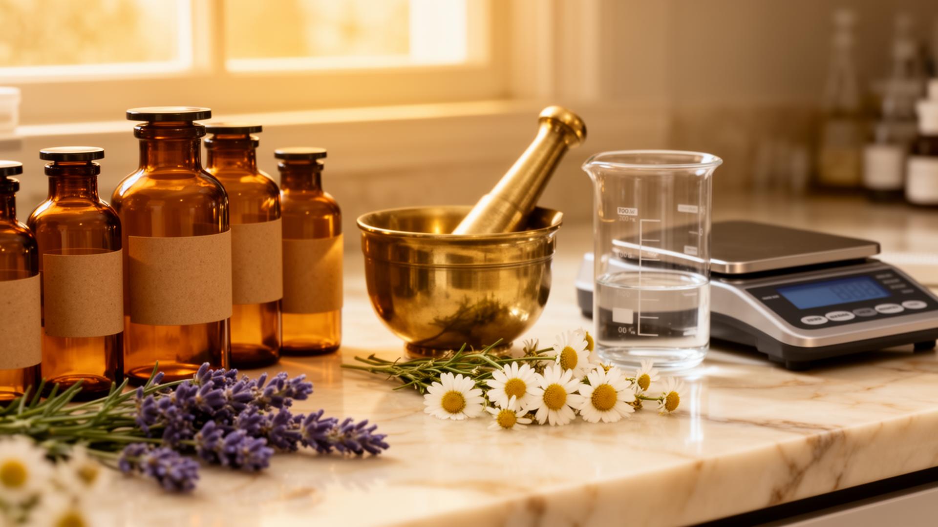 Custom compounding workspace with amber apothecary bottles, brass mortar and pestle, precision scale, and fresh botanicals